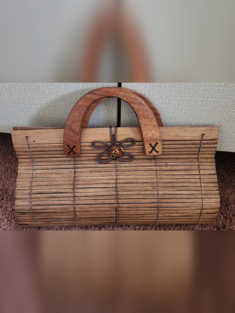 Bamboo Handle Wooden Slatted Tote in Brown